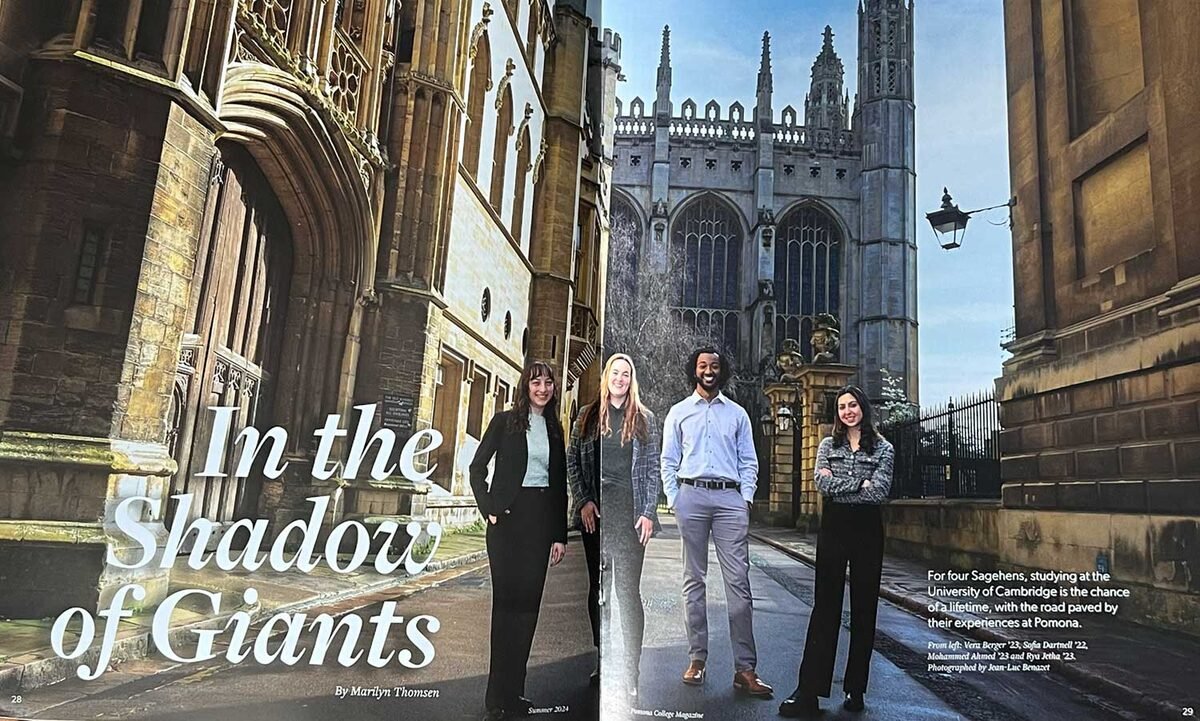 Pomona College Magazine feature 'In the Shadow of Giants' — Cambridge cover shot by Jean-Luc Benazet.