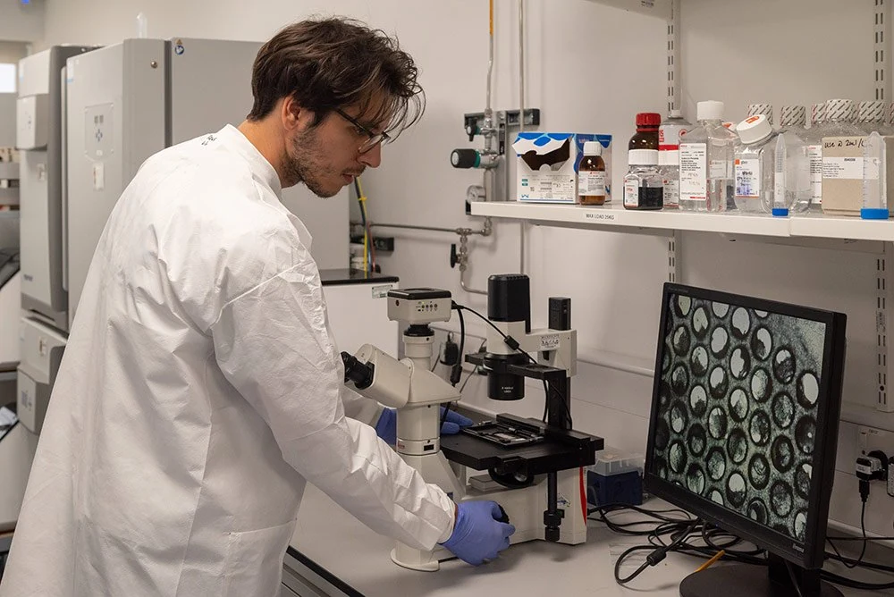 Person working at a microscope in a laboratory