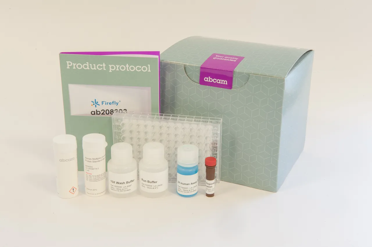 A boxed Abcam product kit with bottles and plates on a pale background