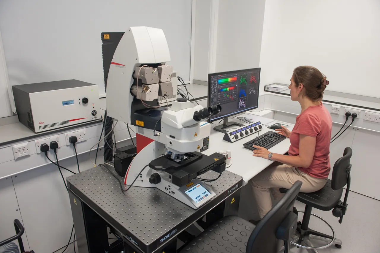 A researcher working at a microscope workstation beside a large imaging system