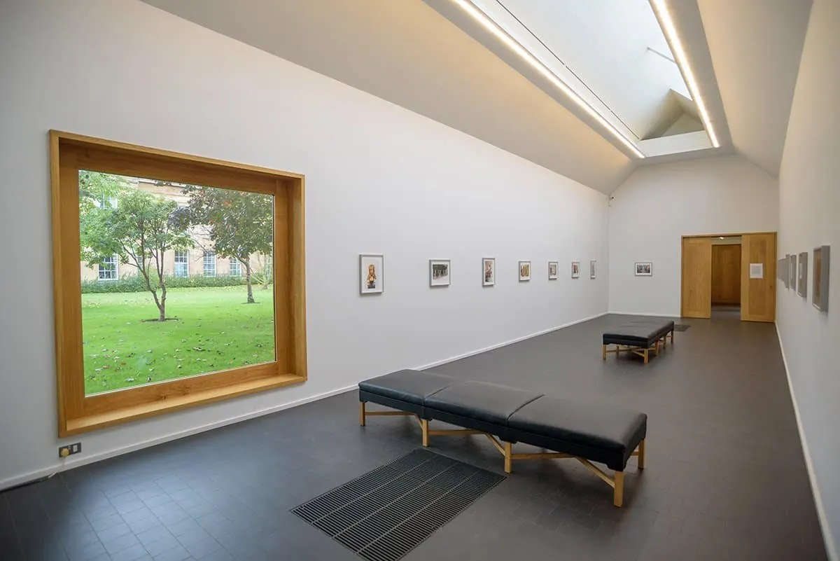 A white-walled art gallery with rooflights and a large picture window onto trees